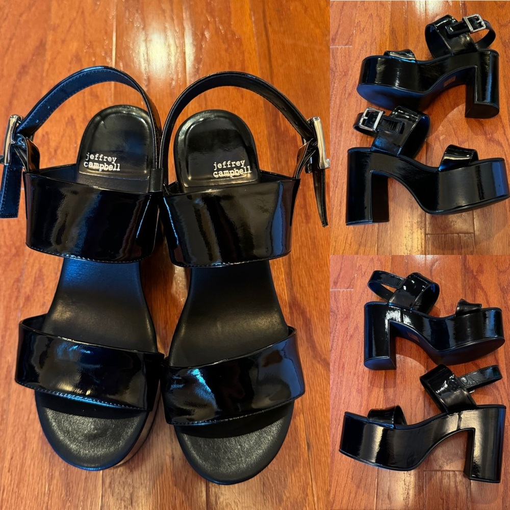 Jeffrey Campbell Sz 9 Moody Platform BlockHeel Sandals Black Faux Patent Leather